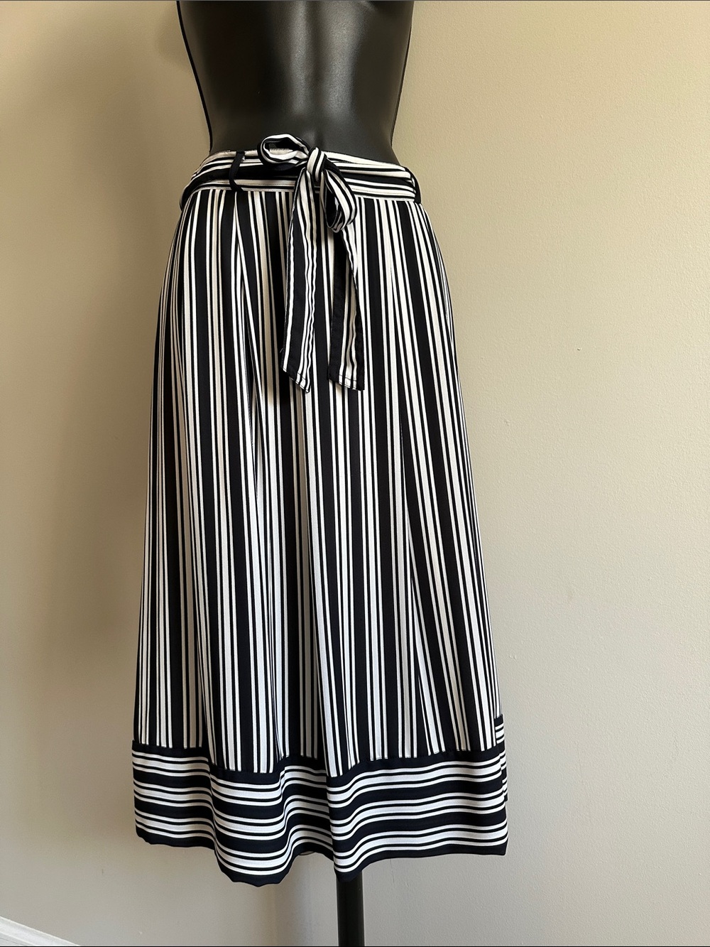 Banana Republic Black & White Vertical-Stripe Tie-Waist Midi Skirt